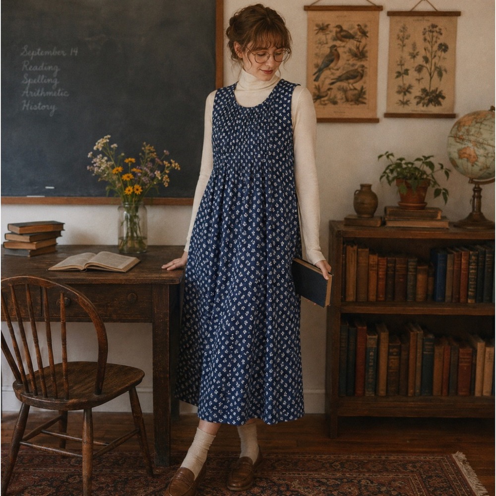 Vermont Country Store Navy Floral Pintuck Cotton Midi Dress 1X Teacher Prairie